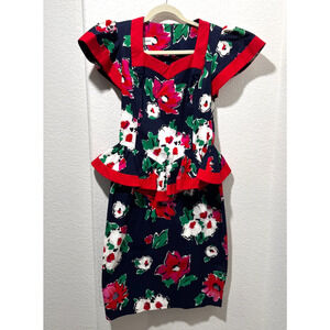 Vtg 1980s Leslie Lucks Peplum Dress Floral Fitted Sz 6 Red Dk Blue Cap Sleeve